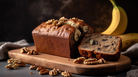 Banana cake with walnuts and raisins, selective focus. AI Generated.の素材