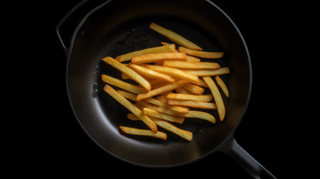 french fries in a frying pan on a black background closeup. AI Generated.の素材