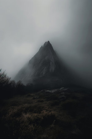 Foggy morning in the mountains. Landscape with foggy rocksの素材