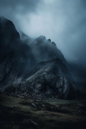 Foggy mountain landscape with rocks and mountains in the background. AI Generated.の素材