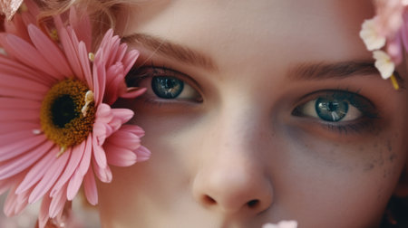Close-up portrait of a beautiful girl with pink flowers in her hair. AI Generated.の素材