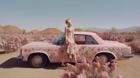 Beautiful blonde girl in a pink dress in the desert with a retro car. AI Generated.の素材