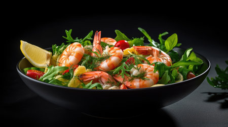 Shrimp salad with arugula and lemon on a black background. AI Generated.の素材