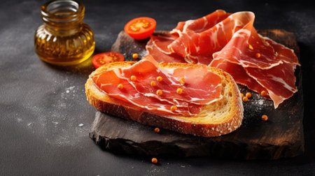 Italian prosciutto crudo or jamon on black stone background. AI Generated.の素材