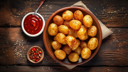 Boiled potatoes with tomato sauce on wooden background. Top view.. AI Generated.の素材