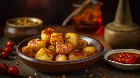 Baked potatoes with herbs and spices, rustic style, selective focus. AI Generated.の素材