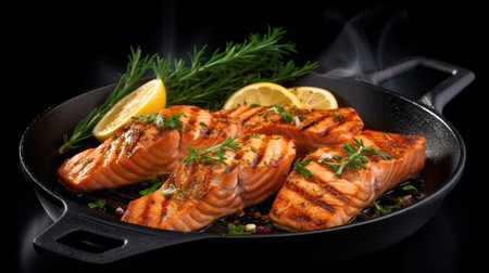 Grilled salmon steak with lemon and herbs in a pan on black background. AI Generated.の素材