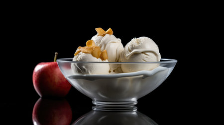 Vanilla ice cream in a glass bowl with apples on black background. AI Generated.の素材