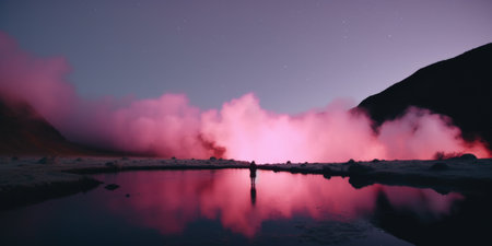 Fumarole in Iceland at night. Reflection in water.. AI Generated.の素材