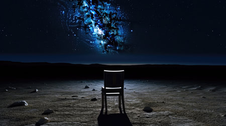 Empty chair in the desert with starry night sky. Mixed media. AI Generated.の素材