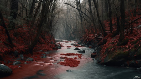 A gloomy, dark, foggy, magical, enchanted, sipritual forest and red rivers... . AI Generated.の素材