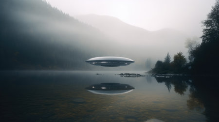 Flying saucer over the lake in the fog. 3d rendering. A spaceship flying through the jungle. . AI Generated.の素材