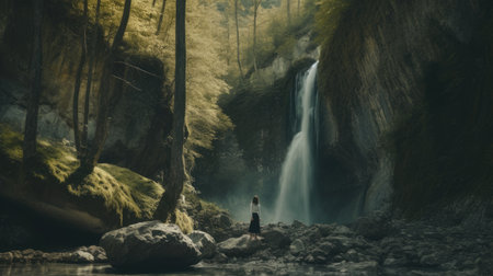 Woman standing in front of a beautiful waterfall in the middle of a forest. AI Generated.の素材