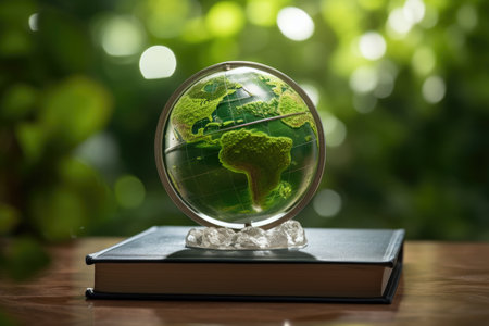 Globe and book on wooden table with green bokeh backgroundの素材