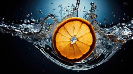 Slice of orange falling into water with splash on black background. ai generatedの素材