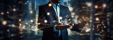 Businessman on blurred background using flying network connection interface ai generatedの素材