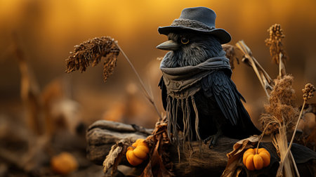 Halloween background with crow, pumpkins and witch hat on a wooden logの素材