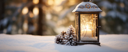 Lantern in the snow in the forest. Christmas and New Year concept.の素材