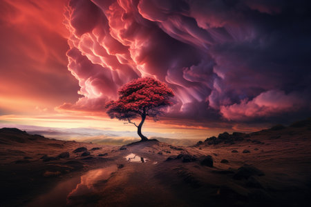 Conceptual image of stormy sky with dark storm clouds over lonely treeの素材