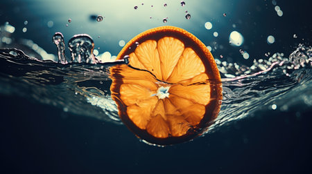 Slice of orange falling into the water with a splash on a dark background ai generatedの素材