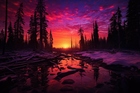 Sunset over a frozen lake in the wildernessの素材