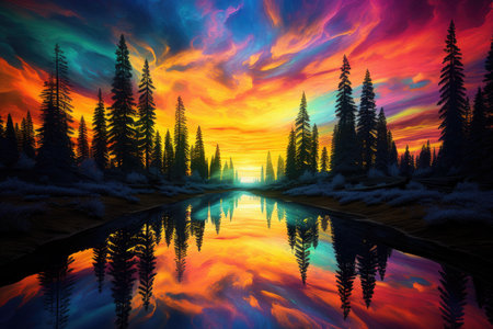 Fantastic sunset in the mountains. Colorful fantasy landscape.の素材