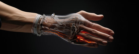 A noble businesswoman with a strong stance and sunglasses with her umbrella open under the rain. Close-up image of human hand holding burning light bulb on dark backgroundの素材