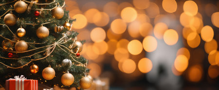 Christmas tree with gifts and lights bokeh background, banner.の素材