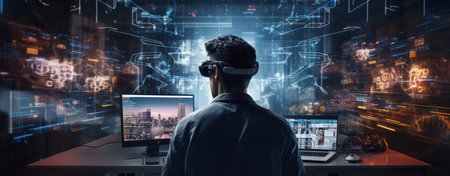 Rear view of man wearing virtual reality headset while standing in officeの素材