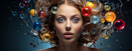 Beautiful young woman with long curly hair and multicolored bubbles in her hairの素材