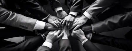 Teamwork concept. Group of business people joining hands in a circle.の素材