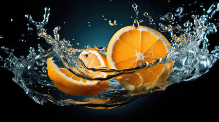 Slices of orange falling into water with splash on black backgroundの素材