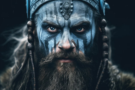 close-up portrait of a man with a beard and mustache in an ancient warrior costume on a dark backgroundの素材