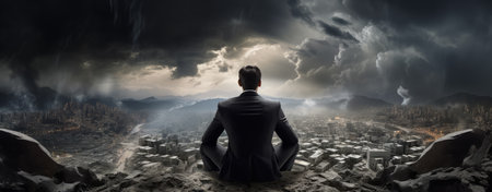 Businessman sitting on top of the mountain and looking at the cityの素材