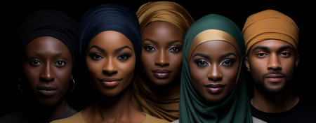 Group of diverse african american women in hijab on black backgroundの素材