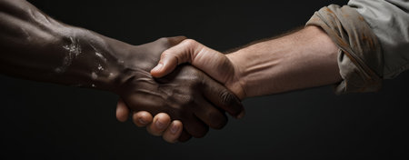 African American man and caucasian man shaking hands on black backgroundの素材