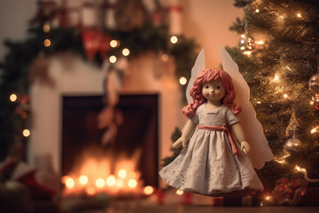 Christmas decoration with christmas tree and fireplace in the background. Selective focus.の素材