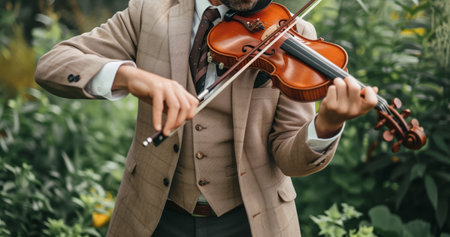 A businessman relaxing and relieving his work fatigue by playing the violin in the garden.の素材