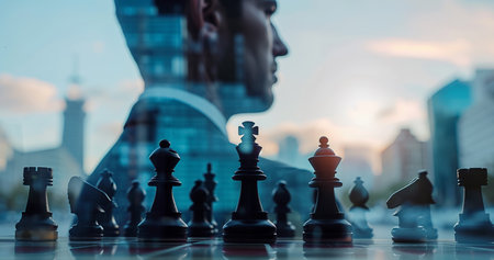 Double exposure of man in suit and at chessboard. Perseverance, success, desire to win.の素材