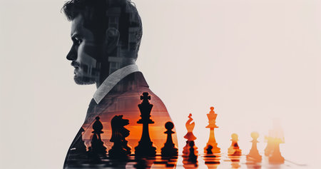 Double exposure of man in suit and at chessboard. Perseverance, success, desire to win.の素材