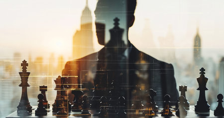 Double exposure of man in suit and at chessboard. Perseverance, success, desire to win.の素材