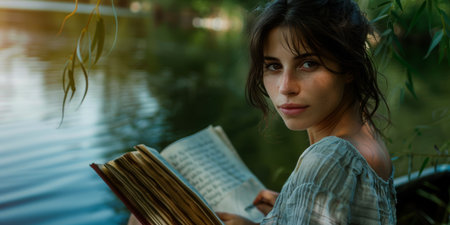 Portrait of a beautiful young woman reading a book in the parkの素材