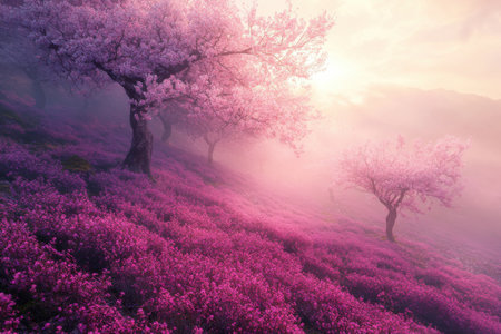 Ethereal Blossoms in a Mystical Valley "cut elements, themed designs. Top view,の素材