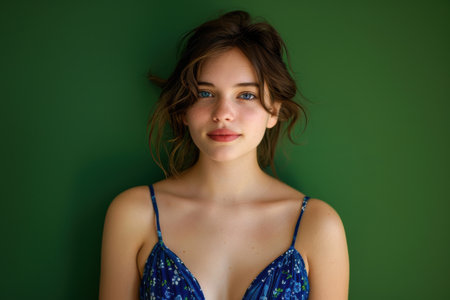 Cheerful Woman in Blue Sundress Against Green Background "cut elements, themedの素材