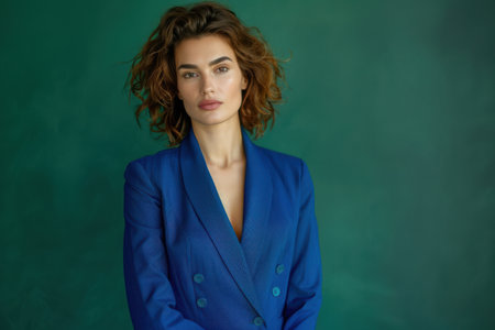 Empowered Woman in Blue Blazer Against Green Backdrop "cut elements, themedの素材