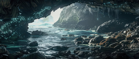 Enchanting Bioluminescent Caves on Rocky Coastline "cut elements, themedの素材