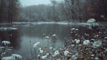 Tranquil Snowy Forest with Serene Lake and Blooms "cut elements, themedの素材