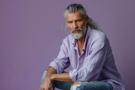 Tranquil Portrait of a Serene Man in Lavender Setting "cut elements, themedの素材