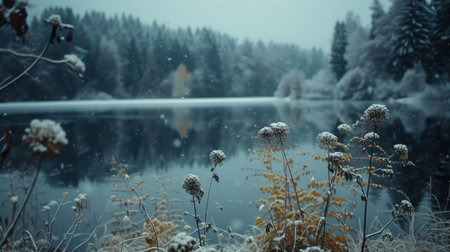 Tranquil Snowy Forest with Elegant Flora and Calm Waters "cut elements, themedの素材