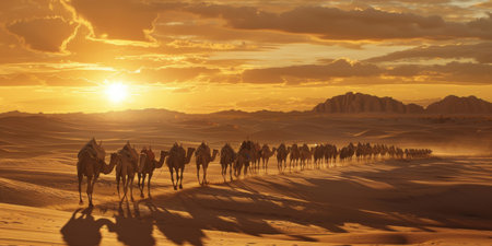 Majestic Caravan Crossing Golden Desert Sands "cut elements, themed designs.の素材